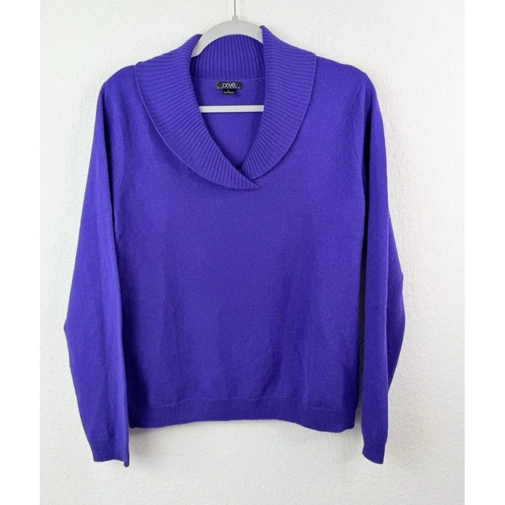 Prive‎ 100% Cashmere Sweater Women's L Purple Shawl Collar Pullover Old Money
